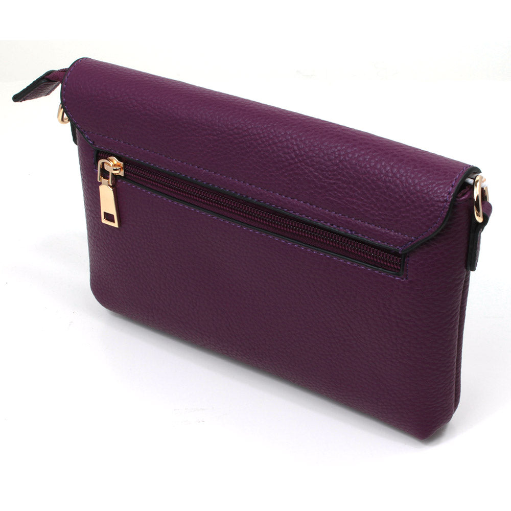 Long and Son purple twist clasp envelope bag from the back showing zipped pocket