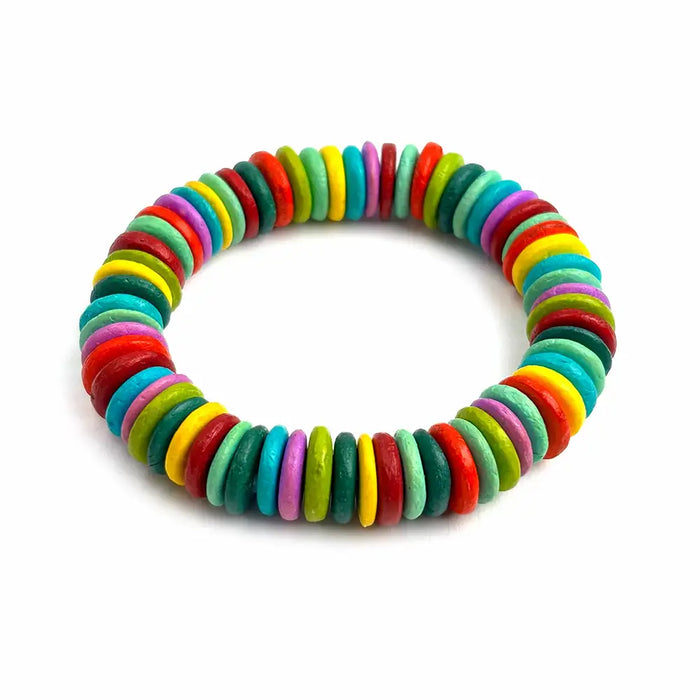 Colorful bracelet made of small round beads on a white background