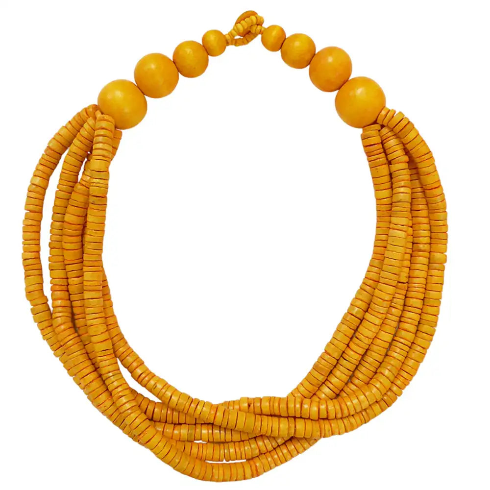 5 Strand Coconut & Wood Necklace - Mustard