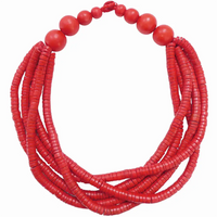 Red beaded necklace on a white background