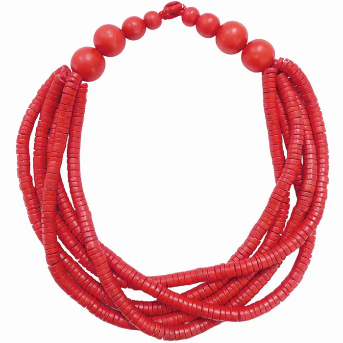 Red beaded necklace on a white background