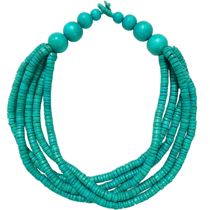Turquoise beaded necklace on a white background