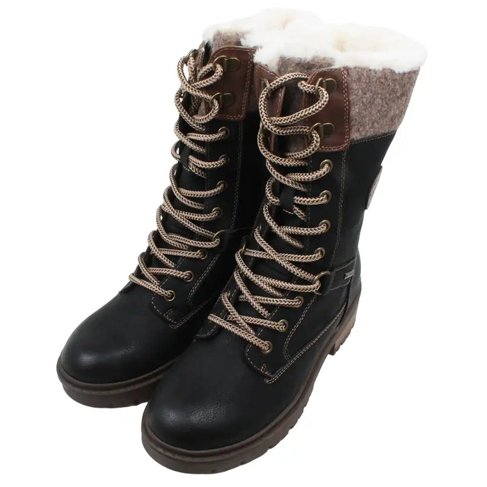 Black winter boots with brown laces and white fur lining on a white background