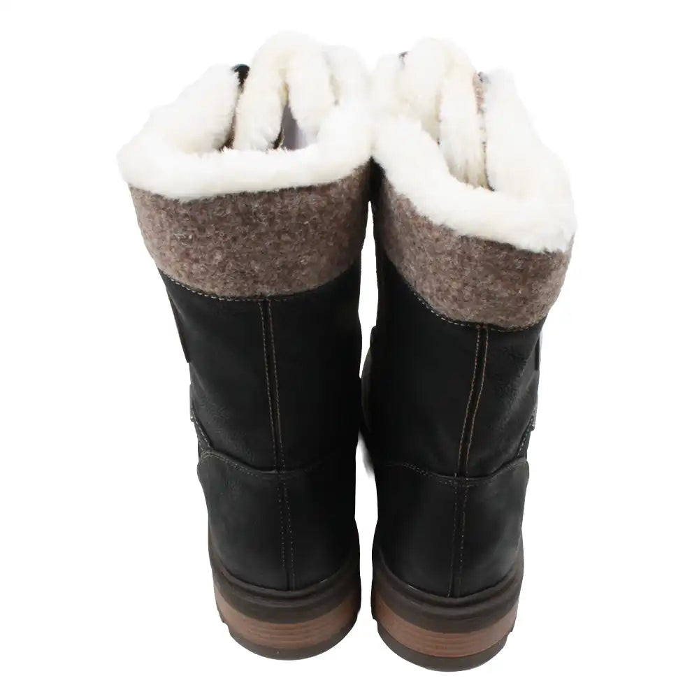 Pair of black winter boots with white fur lining on a white background