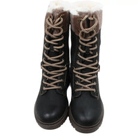 Black winter boots with white fur lining on a white background