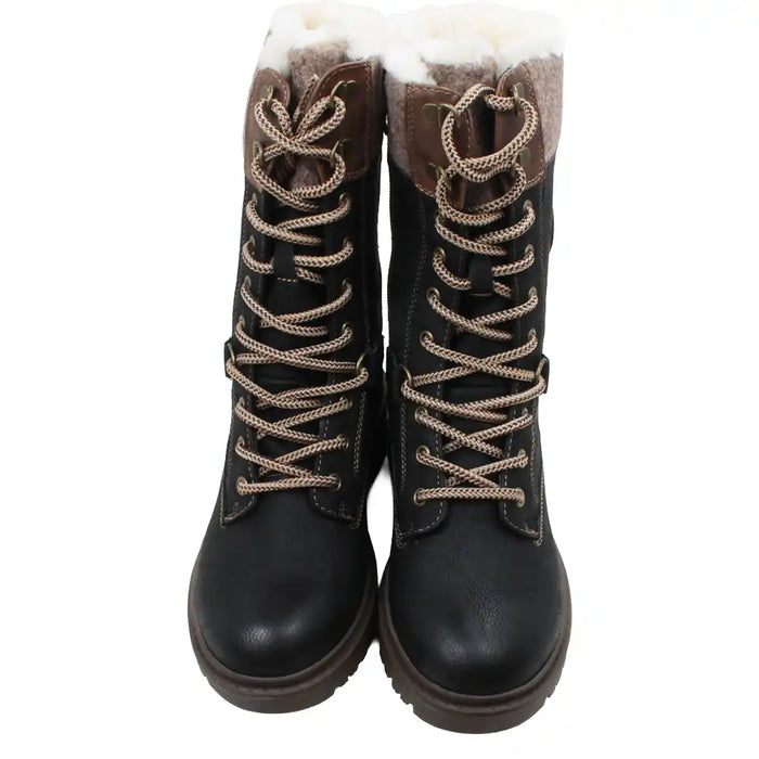Black winter boots with white fur lining on a white background