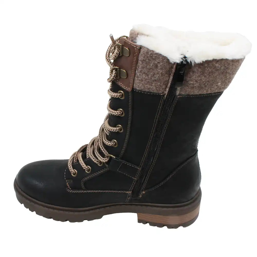 Black winter boot with brown and white fur lining on a white background. Showing zip fastening.