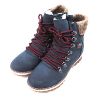 Navy walking boots with knitted cuffs.