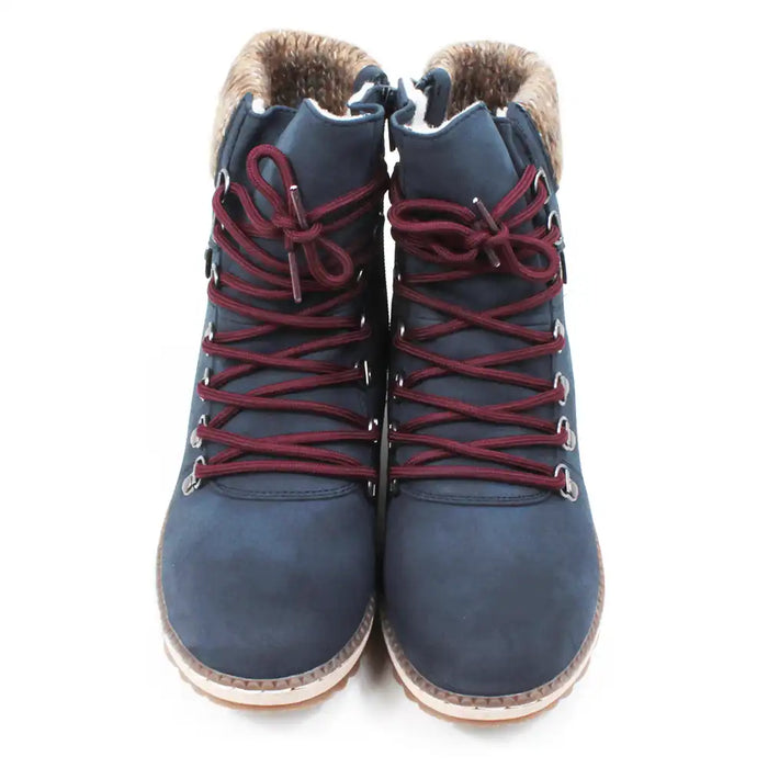 Navy walking boots with knitted cuffs.