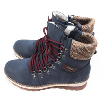 Navy walking boots with knitted cuffs. Side view.
