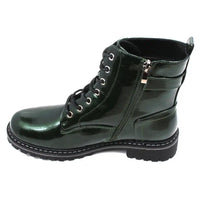 Patent green combat boot with a zipper on a white background