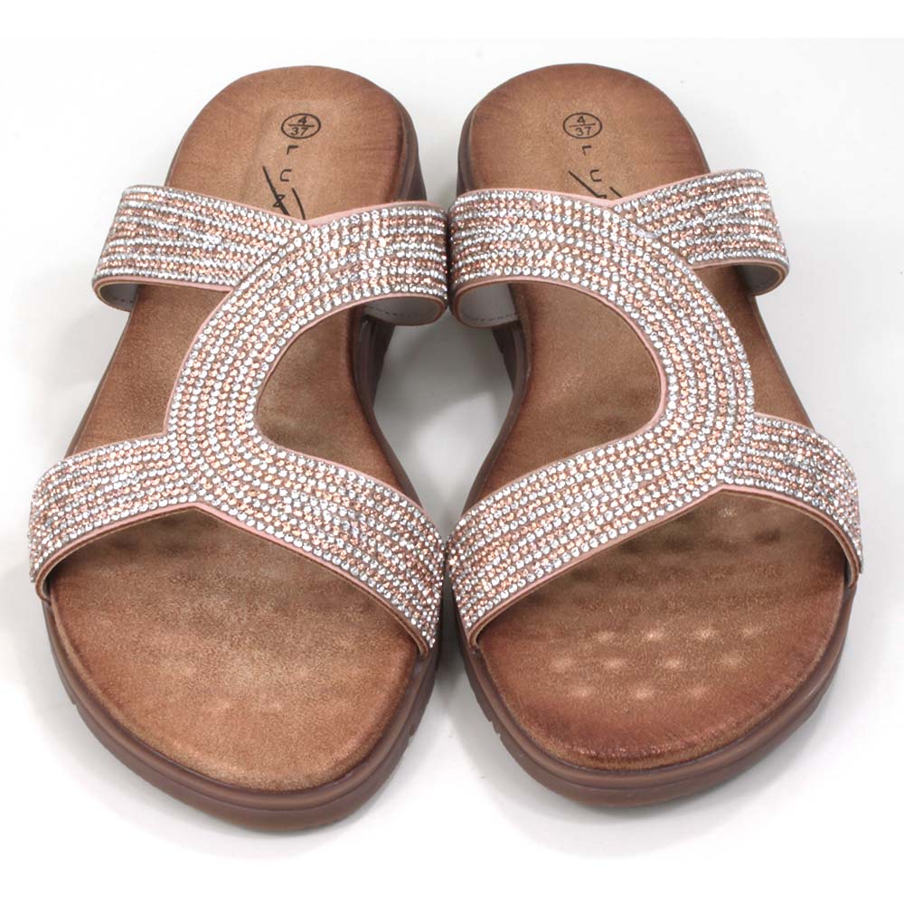 Slider sandals with low heels. Tan coloured footbeds and soles. Diamante covered straps with a combination of rose gold and silver jewels. Front view.