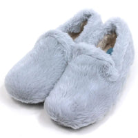 Soft light grey full slippers by Lunar. Beige furry insides. Angled view. 