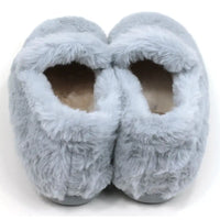 Soft light grey full slippers by Lunar. Beige furry insides. Back view. 