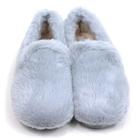 Soft light grey full slippers by Lunar. Beige furry insides. Front view. 