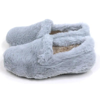 Soft light grey full slippers by Lunar. Beige furry insides. Side view. 