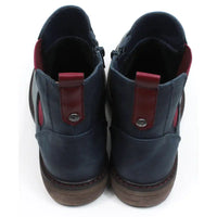 Lunar Suvi Chelsea boots in navy blue. Low heels. Deep red elasticated side panels and ankle tabs. Back view.