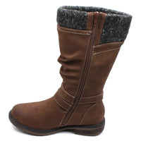 Lunar Peyton tall boots in tan with straps, buckles and zips details. Low heels. Grey knitted cuffs around the leg openings. View of a single boot showing the zip fastening.