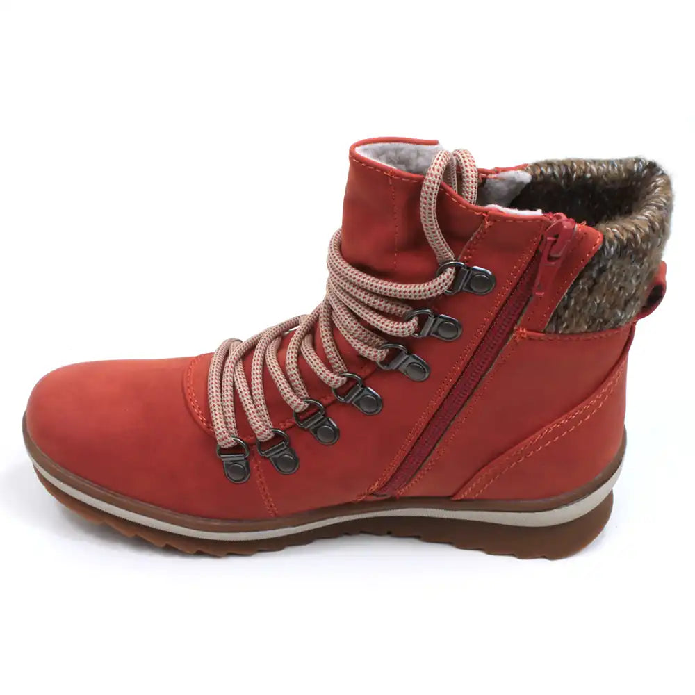 Lunar Sycamore orange walking boots. Supportive grippy soles, knitted ankle cuffs. Zip fastening with laced adjustment. View of single boot showing zip fastening.