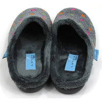 Lunar brand, grey mule slippers with orange, pink and green spots. Grey fur inside. Back view.