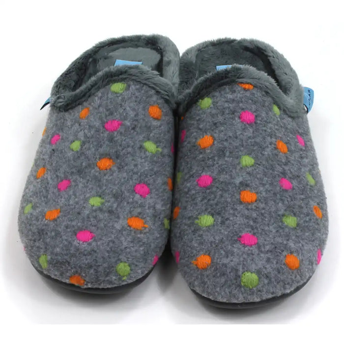 Lunar brand, grey mule slippers with orange, pink and green spots. Grey fur inside. Front view.