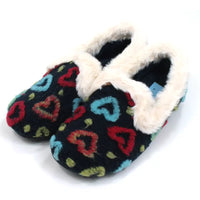 Lunar Truffle fluffy full slippers with cream furry ankle cuffs. Navy blue, decorated with green, red and pale blue hearts. Angle view.