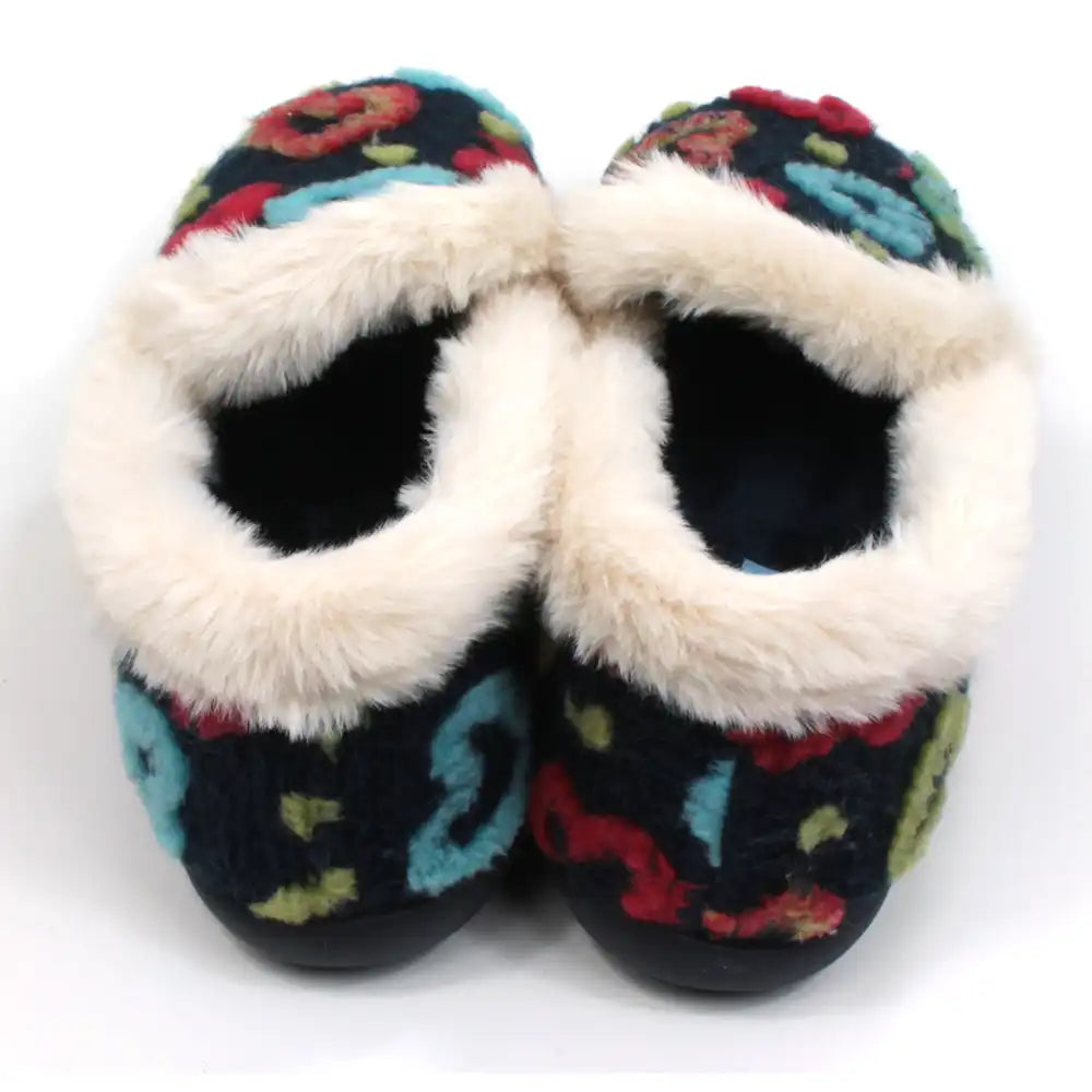 Lunar Truffle fluffy full slippers with cream furry ankle cuffs. Navy blue, decorated with green, red and pale blue hearts. Back view.