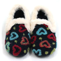 Lunar Truffle fluffy full slippers with cream furry ankle cuffs. Navy blue, decorated with green, red and pale blue hearts. Front view.