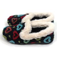 Lunar Truffle fluffy full slippers with cream furry ankle cuffs. Navy blue, decorated with green, red and pale blue hearts. Side view.