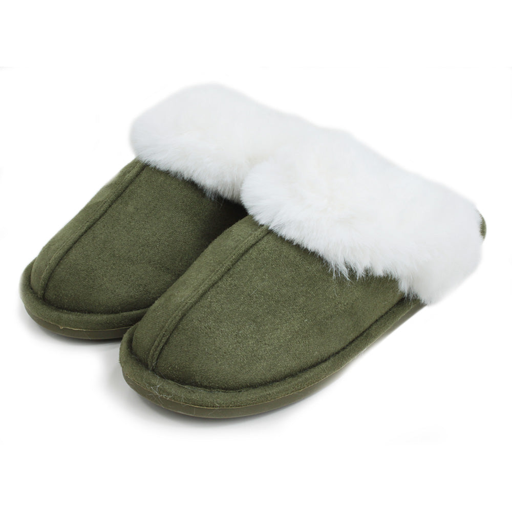 Mule Faux Fur Slippers in Green