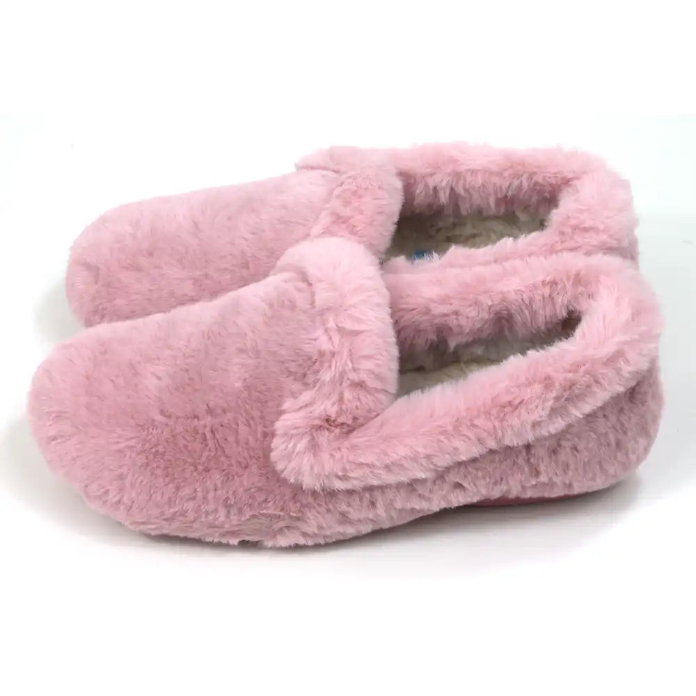 Pink fuzzy slippers on a white background