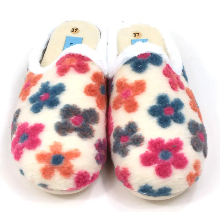Pair of colorful floral-patterned slippers on a white background