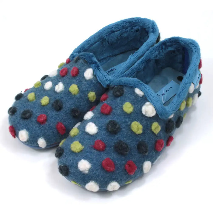 Blue slippers with multicolored polka dots on a white background
