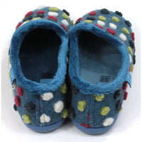 Pair of blue slippers with colorful polka dots on a white background