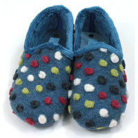 Blue slippers with multicolored polka dots on a white background