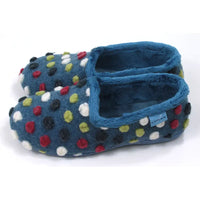 Blue slippers with colorful polka dots on a white background