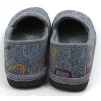Pair of gray slippers with colorful patterns on a white background