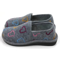 Gray slippers with colorful heart patterns on a white background