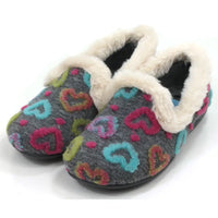 Pair of gray slippers with colorful heart patterns and white fuzzy trim on a white background
