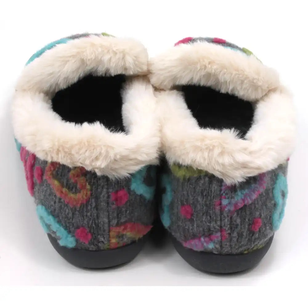 Pair of colorful slippers with fluffy white trim on a white background