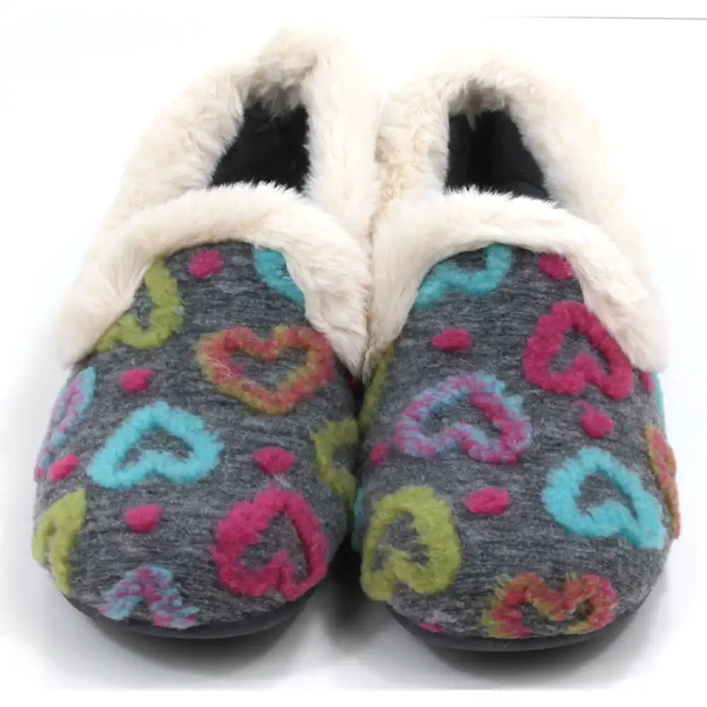 Pair of gray slippers with colorful heart patterns on a white background