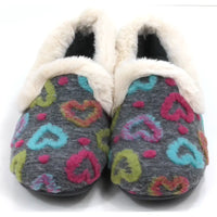 Pair of gray slippers with colorful heart patterns on a white background