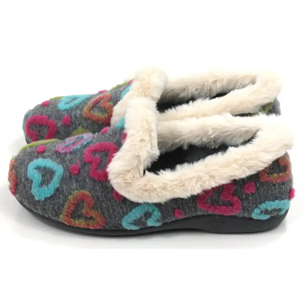 Slippers with colorful heart pattern and white fur lining on a white background