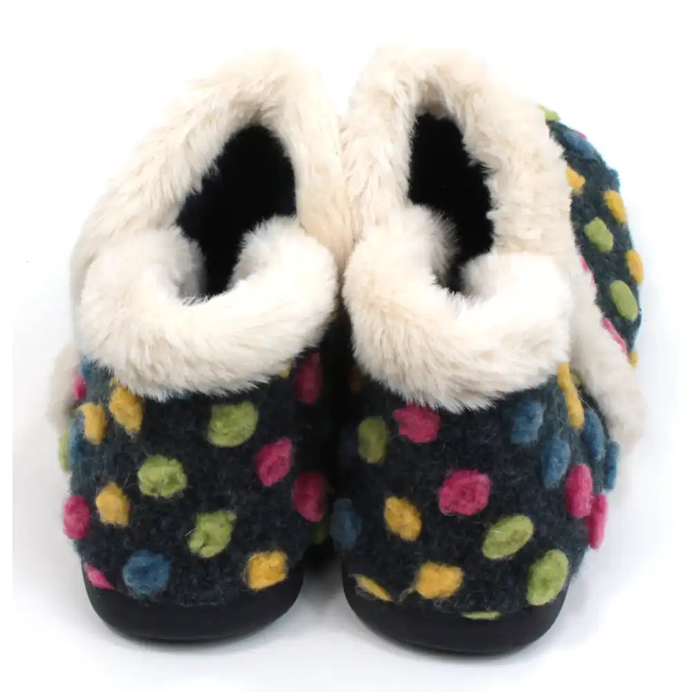 Lunar brand navy blue boot slippers with pink, yellow, green and  blue spots. Cream coloured fur around the ankle  cuffs, inside and a trim across the upper foot. Back view.