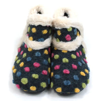 Lunar brand navy blue boot slippers with pink, yellow, green and  blue spots. Cream coloured fur around the ankle  cuffs, inside and a trim across the upper foot. Front view.