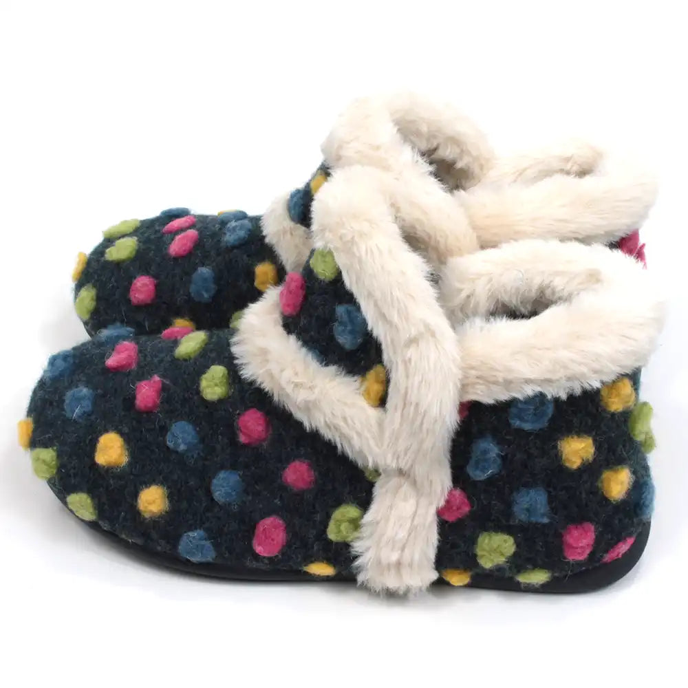 Lunar brand navy blue boot slippers with pink, yellow, green and  blue spots. Cream coloured fur around the ankle  cuffs, inside and a trim across the upper foot. Side view.