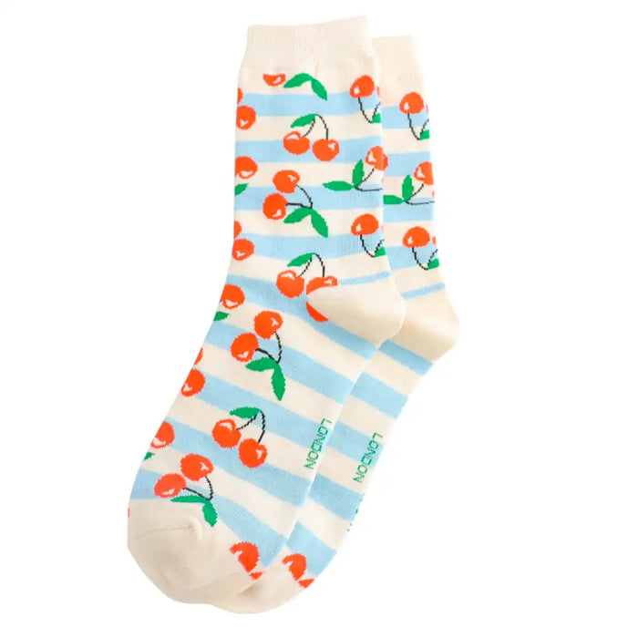 Colorful sock with cherry pattern on a white background