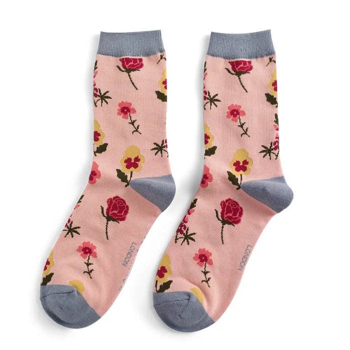 Floral patterned socks with pink background