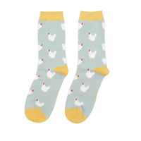 A pair of pale blue crew socks with white hens and pale yellow heels, cuffs and toes, shown against a plain white background.