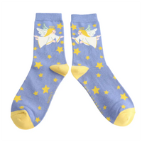 Pair of socks with angel design and yellow stars on a blue background